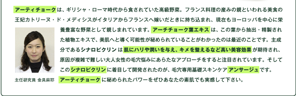 アーティチョークは、ギリシャ・ローマ時代から食されていた高級野菜。フランス料理の産みの親といわれる美食の王妃カトリーヌ・ド・メディシスがイタリアからフランスへ嫁いだときに持ち込まれ、現在もヨーロッパを中心に栄養豊富な野菜として親しまれています。アーチチョーク葉エキスは、この葉から抽出・精製された植物エキスで、美肌へと導く可能性が秘められていることがわかったのは最近のことです。主成分であるシナロピクリンは肌にハリや潤いを与え、キメを整えるなど高い美容効果が期待され、
原因が複雑で難しい大人女性の毛穴悩みにあらたなアプローチをすると注目されています。そしてこのシナロピクリンに着目して開発されたのが、毛穴専用基礎スキンケアアンサージュです。
アーティチョークに秘められたパワーをぜひあなたの素肌でも実感して下さい。