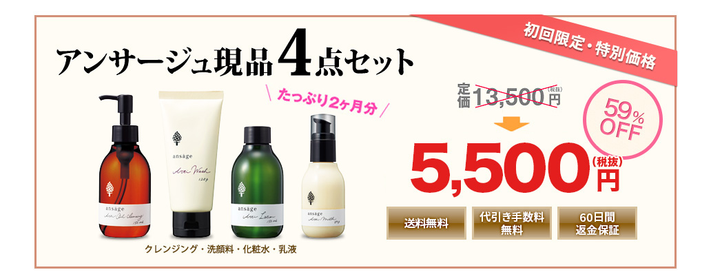 クレンジング・洗顔料・化粧水・乳液 アンサージュ現品4点セット
59％OFF
定価13,500円（税抜）→5,500円（税抜）
アンサージュ4点セットを申し込む！