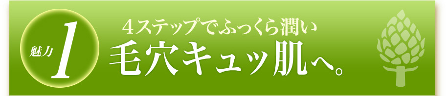 魅力1 ４ステップでふっくら潤い毛穴キュッ肌へ。