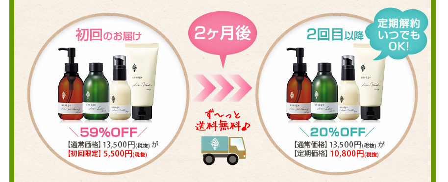 初回のお届け＼59%OFF／
【通常価格】13,500円（税抜）が
【初回限定】5,500円（税抜）
2ヶ月後
ず～っと送料無料♪
2回目以降
定期解約いつでもOK!
＼20%OFF／
【通常価格】13,500円（税抜）が
【定期価格】10,800円（税抜）