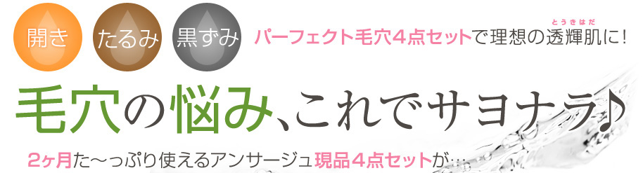 開き たるみ 黒ずみ パーフェクト毛穴４点セットで理想の透輝肌に！
毛穴の悩み、これでサヨナラ♪
2ヶ月た～っぷり使えるアンサージュ現品4点セットが