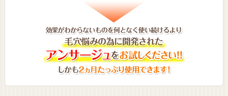 効果がわからないものを何となく使い続けるより毛穴悩みの為に開発されたアンサージュをお試しください！！しかも2ヵ月たっぷり使用できます！