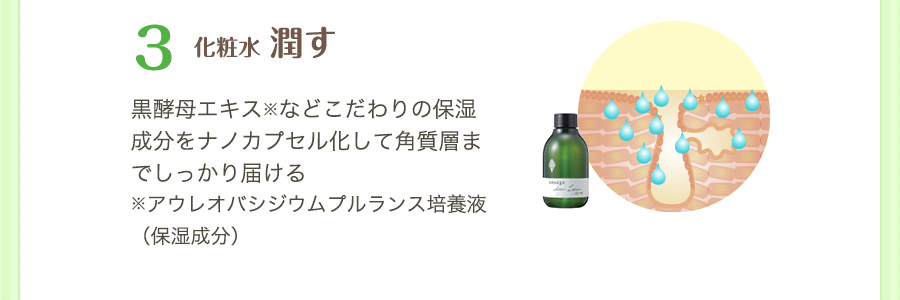 化粧水　潤す：黒酵母エキス※などこだわりの保湿成分をナノカプセル化して角質層までしっかり届ける
※アウレオバシジウムプルランス培養液（保湿成分）